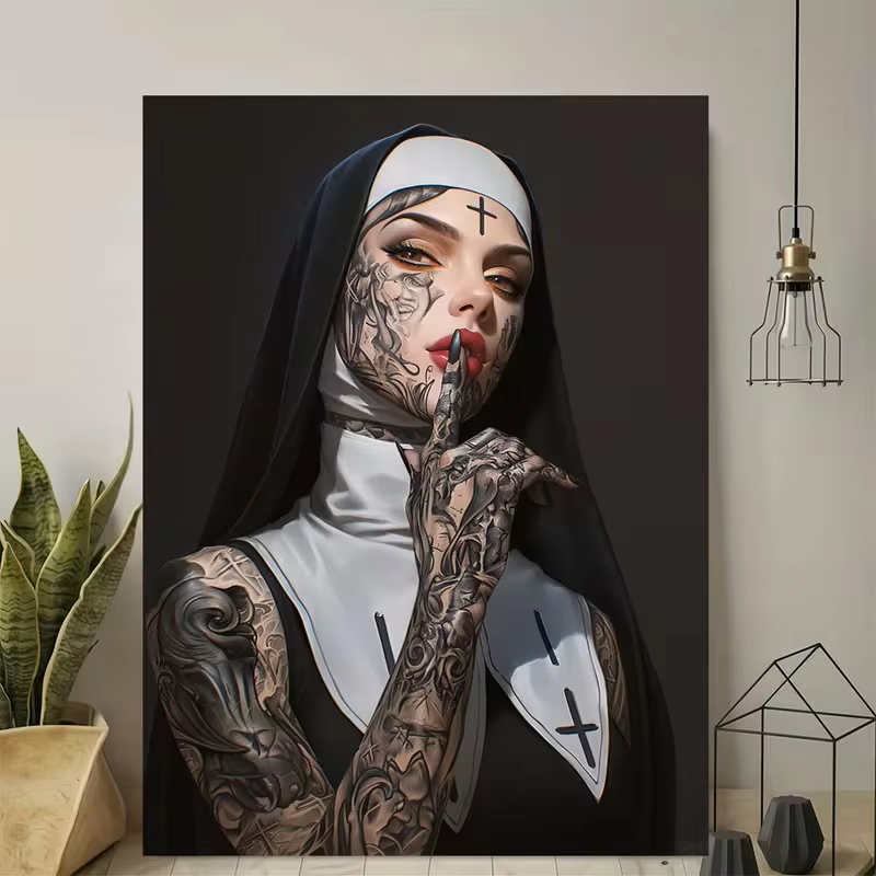 패션 소녀 문신 수녀 캔버스 포스터 벽 예술 빈티지 우 - Photography Trend 리뷰 및 가격